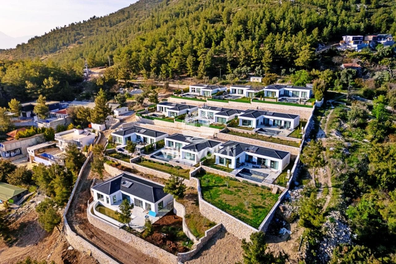 Ormanlık yamaçta sıralanmış modern villalar ve havuzları.